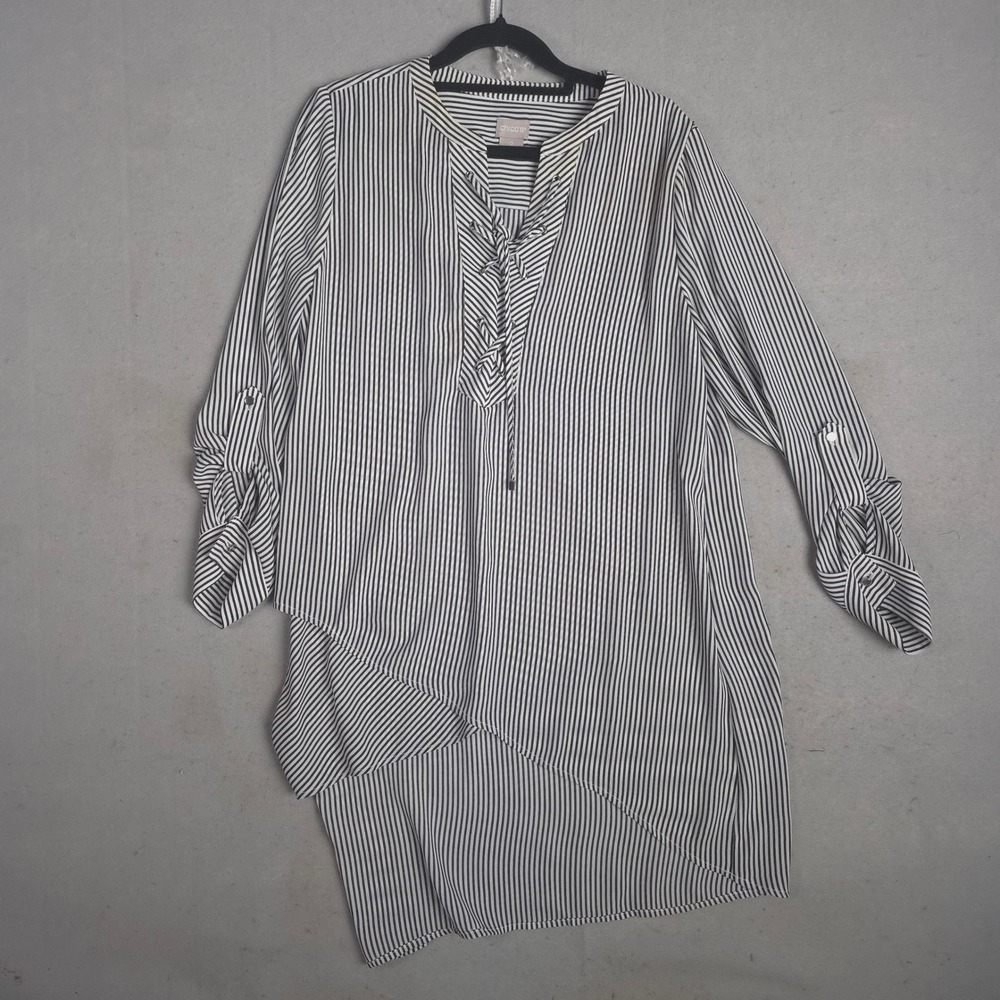 Chicos Striped Lace Up Tunic Top Womens‎ Size 0 Black White Roll Tab Sleeve